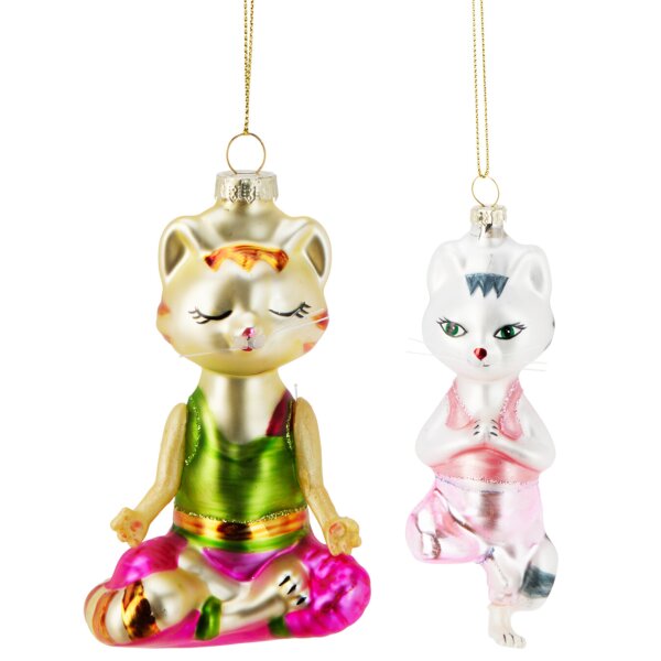 Baumschmuck Zen Yoga Katze (2er Set) - Baumdeko Meditation, Hängedeko, Weihnachtsdeko, Christbaumschmuck, Weihnachten