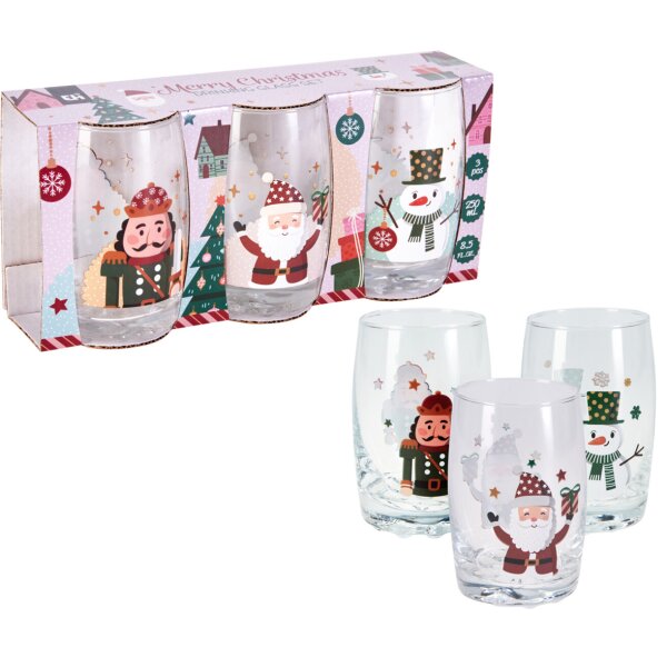 Trinkglas Weihnachten - Schneemann, Santa, Nussknacker - 250 ml (3er Set) - Trinkgläser Winter, Trink Glas, Saftglas, Wasserglas