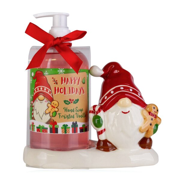 Seifenspender Gnome Wichtel mit festlicher Keramikhalterung- Flüssigseife im Pumpspender, Duft Frosted Vanilla, Seife Winter Schnee, Handseife Weihnachten, Wichtelgeschenk