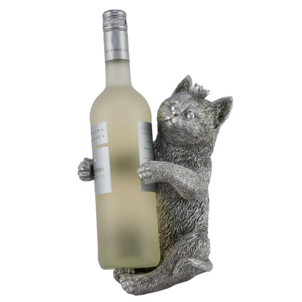 Flaschenhalter Katze mit Krone, silber - Skulptur, Wein Flaschen Halter, Flaschenständer, Geschenkidee