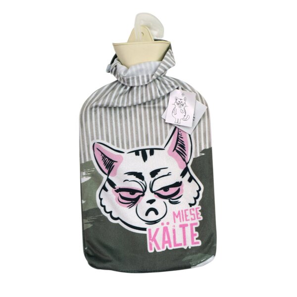 Wärmflasche Miesekatze "Miese Kälte" mit Überzug, 2L - Bettflasche Winter, Wärmekissen