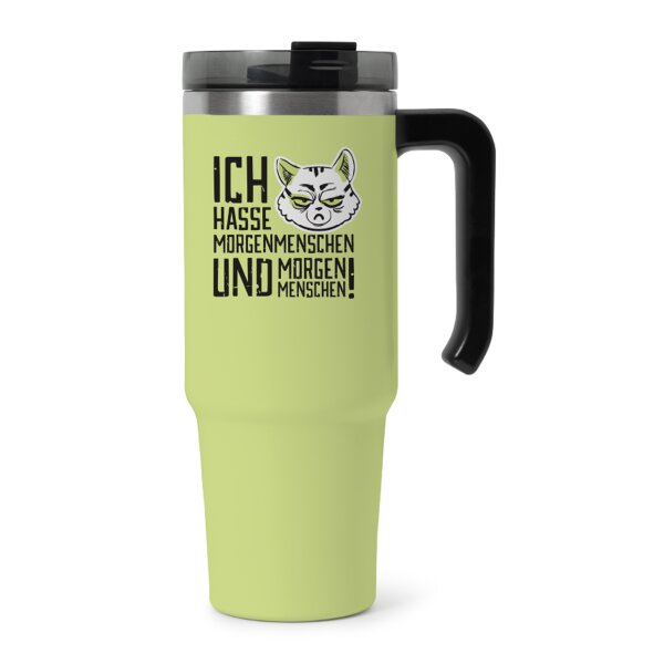 XXL Thermobecher Miesekatze "Ich hasse Morgenmenschen" mit Griff und Strohhalm 1200 ml - Isolierbecher, Trinkbecher, Trinkflasche, Kaffeebecher, Kaffeetasse