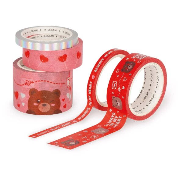 Legami 5er Set Papier Klebebänder Tape by Tape TEDDY BÄR mit Herz - Dekoband, Washi Tape, Klebebänder, Dekorative Geschenk Verpackung