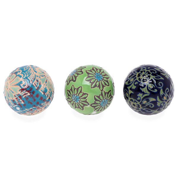 Schwimmkugel Blüte aus Porzellan (3er Set) D:6 cm grün, hellblau, dunkelblau - Teichdeko, Kugel schwimmend, Schwimmschale, Gartenteich, Garten Deko