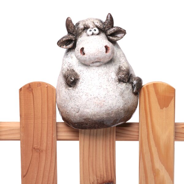 Zaunhocker Dicke Kuh braun-weiss H:16 cm aus Keramik - Zaun Deko Garten Kühe, Tierfigur Pfostenhocker, Zaunfigur, Gartendeko, Zaunstecker
