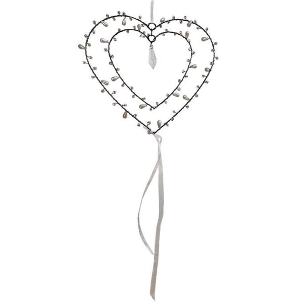 Drahtherz / Perlenherz "Herz im Herz" weiß zum Aufhängen 16 x 18 cm - Herz aus Draht, Fensterdeko Liebe, Muttertag, Hochzeit