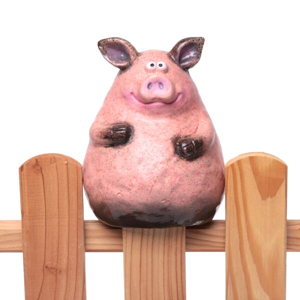 Zaunhocker Dickes Schwein pink H:16 cm aus Keramik - Zaun Deko Garten Sau, Tierfigur Pfostenhocker, Zaunfigur, Gartendeko, Zaunstecker