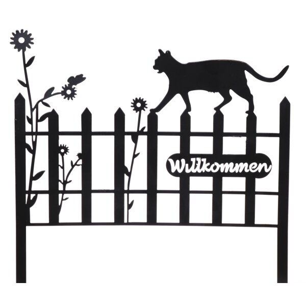 Gartenstecker Gartenzaun "Willkommen" mit Katze 37 x 40 cm aus Metall - Kleiner Zaun für den Garten, Gartendeko für Katzenliebhaber, Beeteinfassung