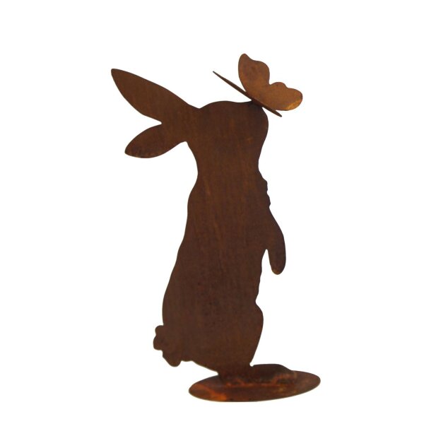 Rostfigur Stehender Hase mit Schmetterling auf Standplatte H:32 cm - Osterhase für den Garten im Rost Design, Frühlingsdeko, Osterdeko, Gartendeko