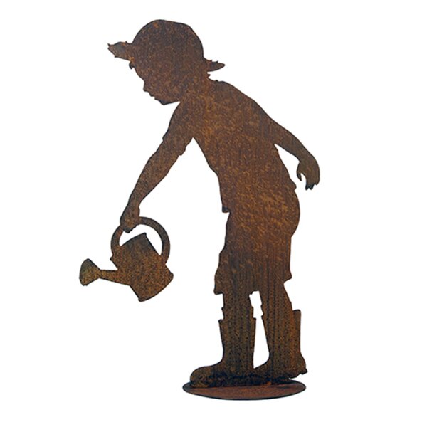 Gartendeko Gärtner Till mit Gießkanne auf Platte H:18 cm im Rost Design - Dekofigur Garten, Rostfigur für Hobbygärtner, Metalldeko