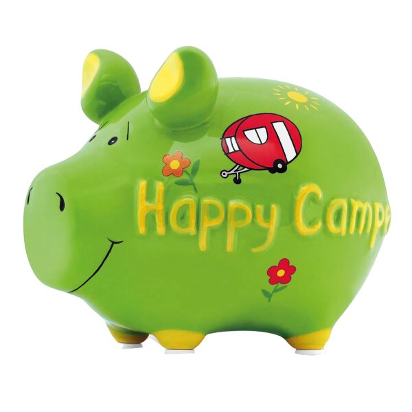 KCG Sparschwein Happy Camper aus Keramik - Spardose Camping, Sparbüchse Wohnwagen, Wohnmobil, Geldbüchse