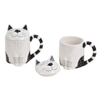 Tasse Becher Katze mit Deckel 14x10 cm aus Keramik -...