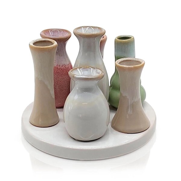 Vasen Set auf rundem Tablett (7 Vasen) mehrfarbig aus Keramik 10,5x14 cm - Dekoration, Tischdeko, Keramikvase, Blumenvase, moderner Deko Stil