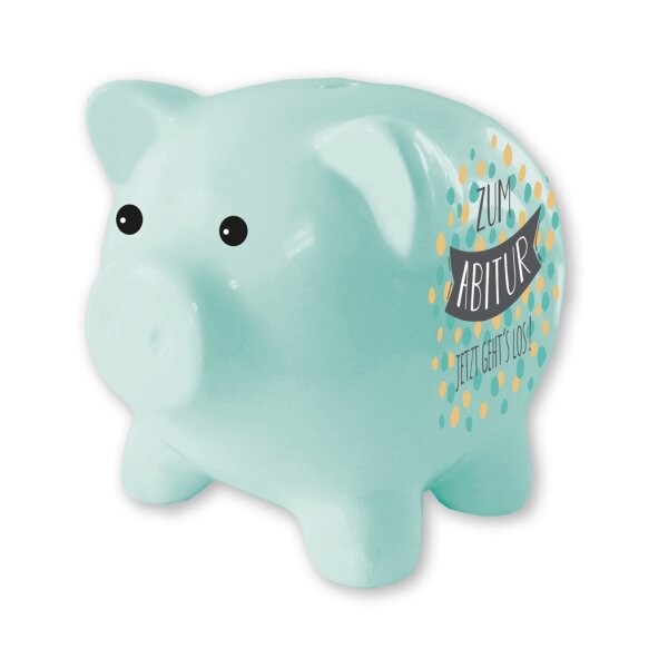 Sparschwein "Zum Abitur - Jetzt gehts los" aus Dolomit - Spardose Schulabschluß, Sparbüchse Schule, Geldbüchse, Geldgeschenk