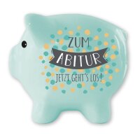 Sparschwein "Zum Abitur - Jetzt gehts los" aus Dolomit - Spardose Schulabschluß, Sparbüchse Schule, Geldbüchse, Geldgeschenk