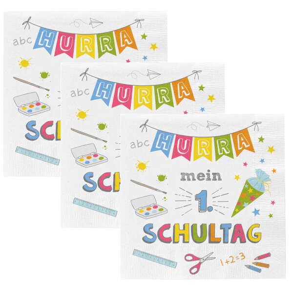 Servietten Hurra Schule 3 x 20er Pack (33x33 cm) "Hurra mein 1. Schultag" - Papierservietten Einschulung, Schulkind, Tischdeko, Schultüte, Einschulungsfeier