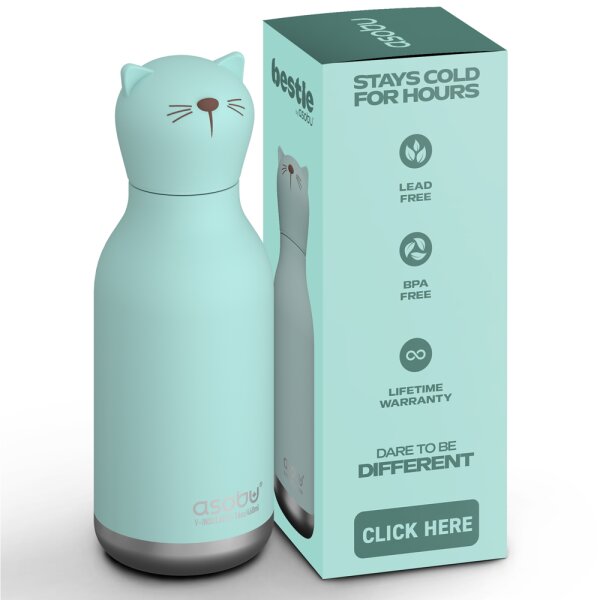 asobu Bestie Isolierte Edelstahl-Trinkflasche KATZE - Thermosflasche mit weichem abnehmbarem Tierkopf und flexiblem wiederverwendbarem Strohhalm für Kinder und Jugendliche, Isolierflasche