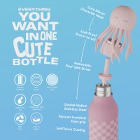 asobu Bestie Isolierte Edelstahl-Trinkflasche QUALLE Jelly Fish - Thermosflasche mit weichem abnehmbarem Tierkopf und flexiblem wiederverwendbarem Strohhalm für Kinder und Jugendliche, Isolierflasche