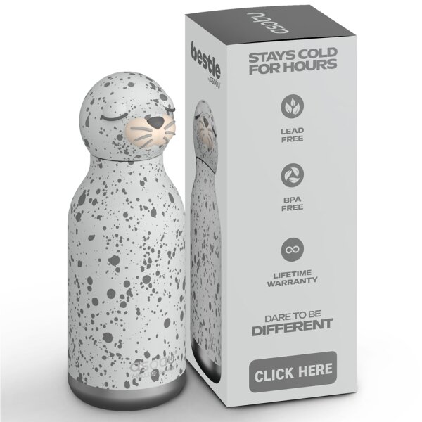 asobu Bestie Isolierte Edelstahl-Trinkflasche SEEROBBE - Thermosflasche mit weichem abnehmbarem Tierkopf und flexiblem wiederverwendbarem Strohhalm für Kinder und Jugendliche, Isolierflasche