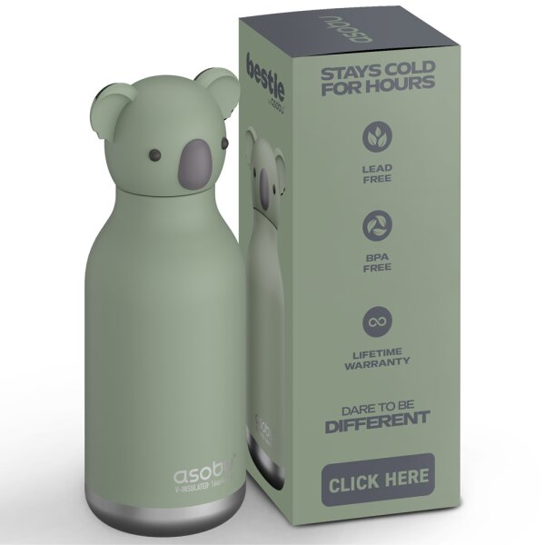 asobu Bestie Isolierte Edelstahl-Trinkflasche KOALA BÄR - Thermosflasche mit weichem abnehmbarem Tierkopf und flexiblem wiederverwendbarem Strohhalm für Kinder und Jugendliche, Isolierflasche