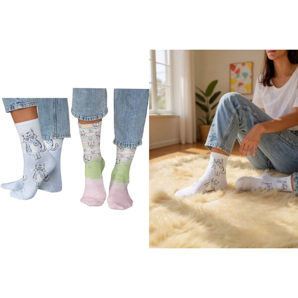 Socken Strümpfe Miesekatze (2er Set)  - Katzensocken, lustige Motive, Geschenkidee für Katzenfreunde, Wichtelgeschenk