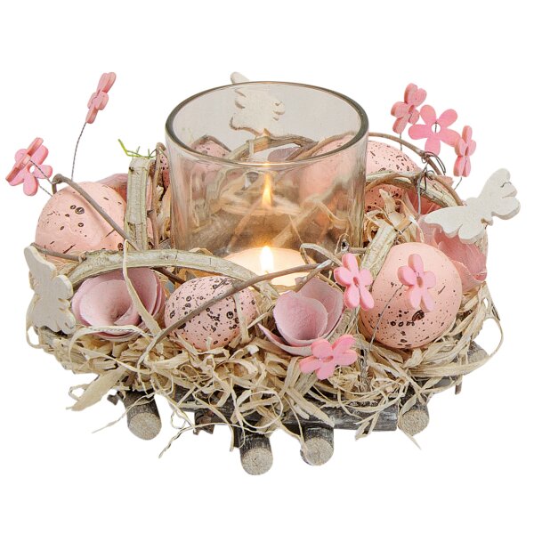 Osterkranz Ostergesteck Rosa Eier mit Teelichtglas **B-WARE** - Osterdeko in pink mit Schmetterling und Blumen, Tischdeko Ostern, Osterkerze