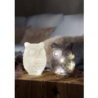 Dekoleuchte Eule NOCUTA Glas Weiß H:20 cm mit 15 LEDs - Dekoeule Lampe mit LED Lichterkette, Dekolampe, Tischleuchte, Eulenlampe