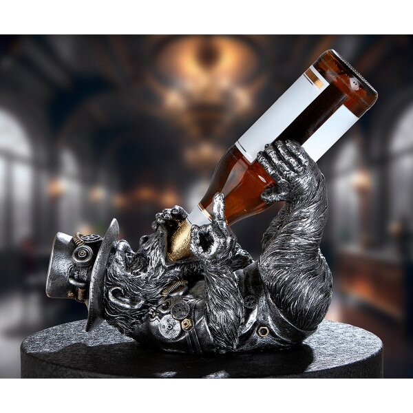Flaschenhalter Affe "Steampunk Monkey" silber antikfinish - Skulptur, Wein Flaschen Halter, Flaschenständer, Geschenkidee