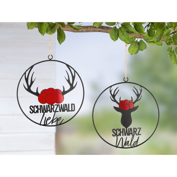 Hänger Schwarzwald Schwarzwaldliebe Hirsch mit Bollenhut (2er Set)  D:31 cm aus Metall - Hängedeko, Türdeko, Fensterdeko, Willkommensgruß, Aufhänger Heimat, Gartendeko