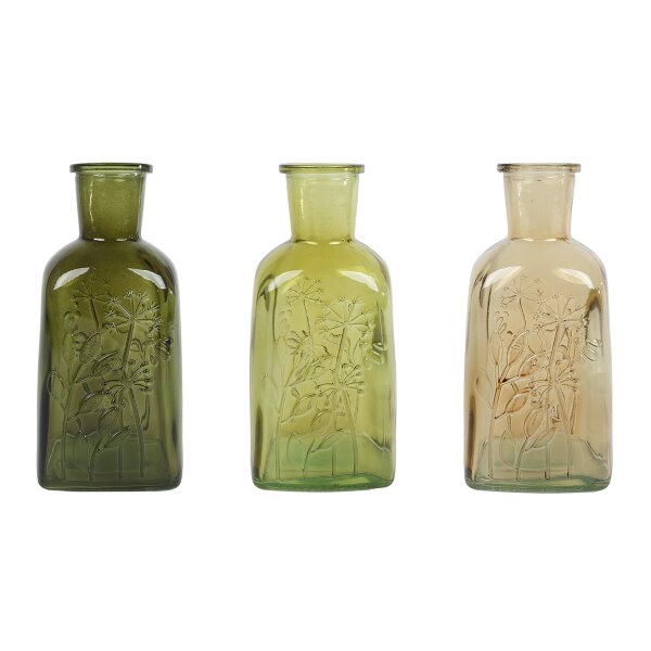 Glasvase Vase Vive mit Pflanzenmuster (3er Set) H:19 cm in verschiedenen Grüntönen - Deko Vase, Blumenmuster, Blumenvase Frühling, Tischdekoration, Geburtstage, Hochzeiten