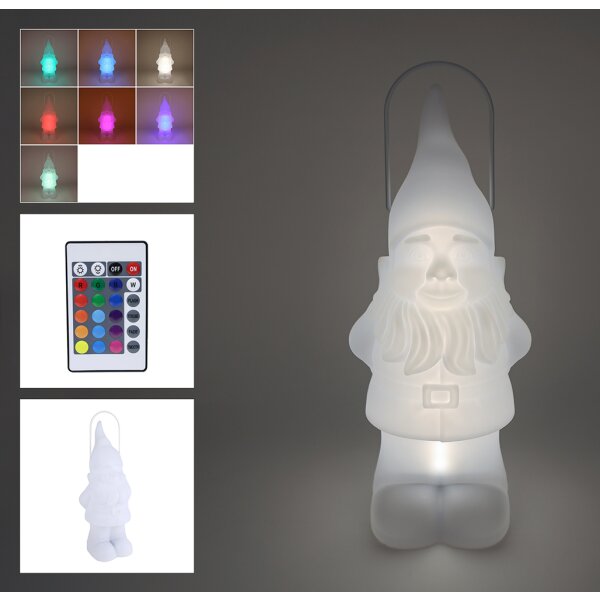 Solar LED Laterne Gartenzwerg weiß H:51 cm mit Fernbedienung aus Kunststoff - Gartenfigur mit Farbwechsler, Gartendekoration, Statue, Deko Garten