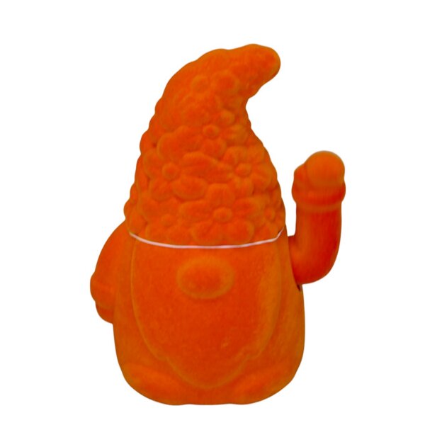 Winkefigur Zwerg mit Blumenmütze Orange beflockt H:18,5 cm - Winkezwerg, Zwerge mit Winke-Funktion, Frühlingsdeko, Frühling