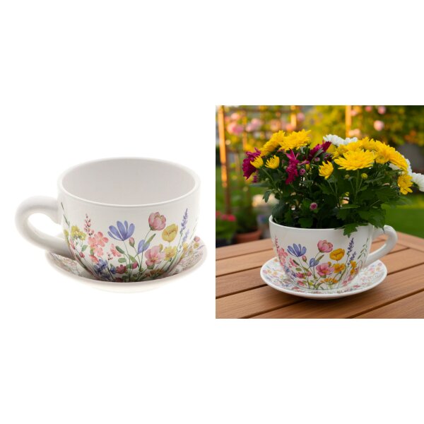 Deko Blumentopf Tasse mit Blumen 23x19 cm aus Keramik - Pflanztopf Blumentasse, Kaffeetassse Frühling, Übertopf, Pflanzgefäß, moderner Deko Stil