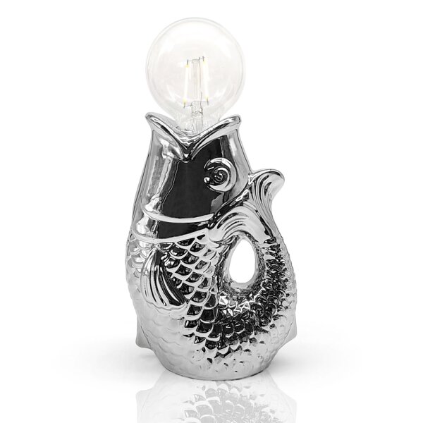 Lucia LED Tischleuchte Fisch, silber H:17 cm mit Keramiksockel, batteriebetrieben - Maritime Tischlampe, Lampe, Moderner Deko Stil maritim, Tierleuchte