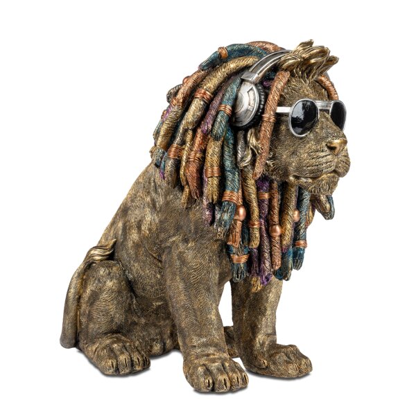 Dekofigur Reggae Löwe mit Dreadlocks, Kopfhörer und Sonnenbrille H:36 cm - ausgefallene Deko für Individualisten, Rastalocken, Jamaica Fans, lustige Dekoration