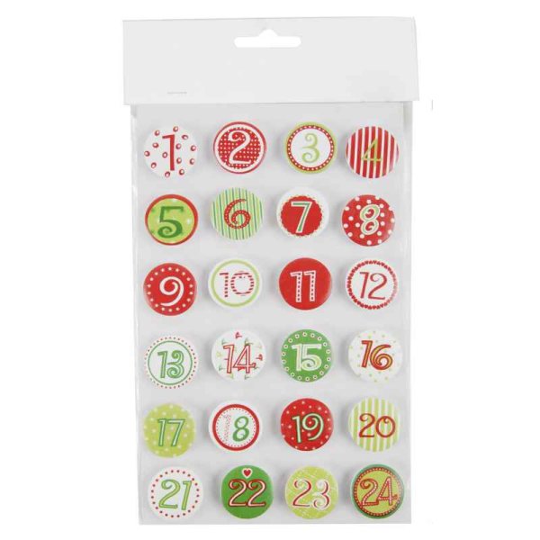 Adventskalender bunte Zahlen 1-24 zum aufkleben (Holz Buttons mit Klebepunkt)