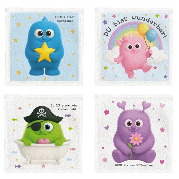 Magisches Handtuch Mutmacher (4er Set) 30x30 cm - Zauberhandtuch Herzenswärmer, Liebesbeweis, Kinder Handtuch, Kindergeschenk