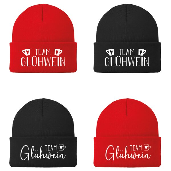 Mütze Team Glühwein (4er Set) schwarz,rot - Wintermütze Unisex, Apres-Ski, Weihnachtsmarkt Beanie, Weihnachtsfeier, Wichtelgeschenk, Winter Strickmütze