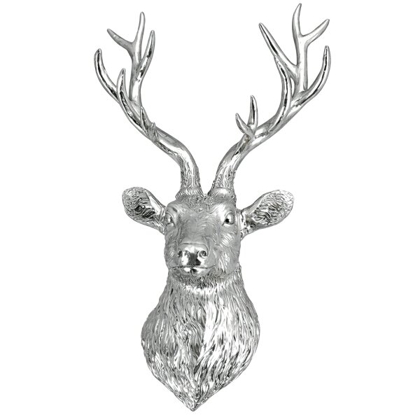 Wanddeko Hirsch Kopf silber H:63 cm aus Polyresin -  Skulptur mit Geweih, Hängedeko Hirschschädel, Jagdtrophäe, Hirschkopf