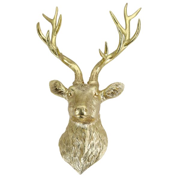 Wanddeko Hirsch Kopf gold H:63 cm aus Polyresin -  Skulptur mit Geweih, Hängedeko Hirschschädel, Jagdtrophäe, Hirschkopf