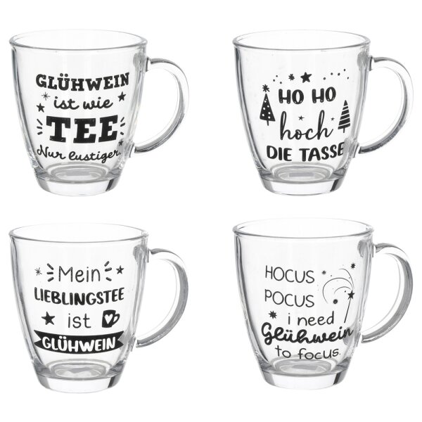 Glühwein Trinkglas mit Henkel Weihnachten Sprüche 300 ml (4er Set) - Trinkgläser Winter, Trink Glas, Glühweinglas, Saftglas, Wasserglas
