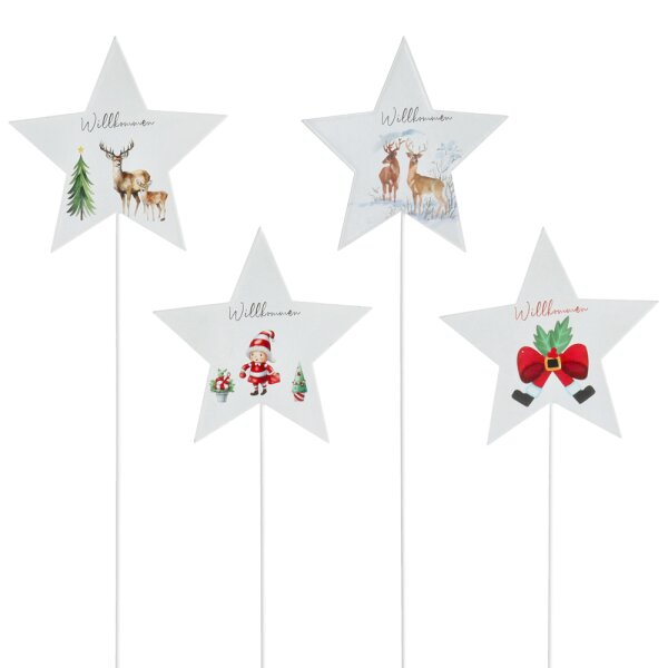 Blumenstecker Stern Willkommen (4er Set) weiss aus Metall - Winterdeko mit Hirsch und Weihnachtsmotiven, Weihnachtsdeko, Pflanzstecker, Blumen Deko Advent, Weihnachten