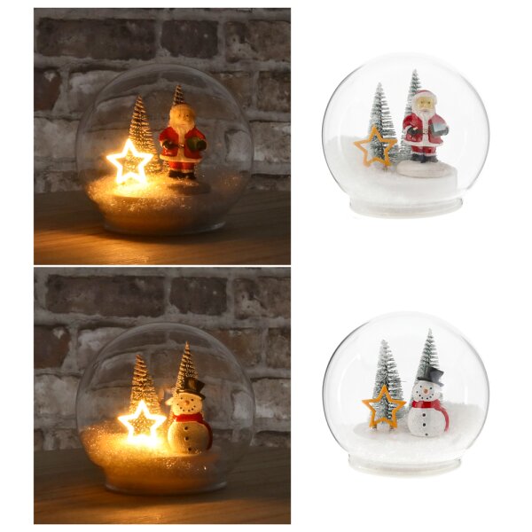 LED Glaskugel Weihnachtskugel X-MAS (2er Set) mit Stern, Weihnachtsmann und Schneemann D:12 cm zum Stellen - Adventsdeko, Santa, Weihnachtsdekoration, Weihnachten, Advent