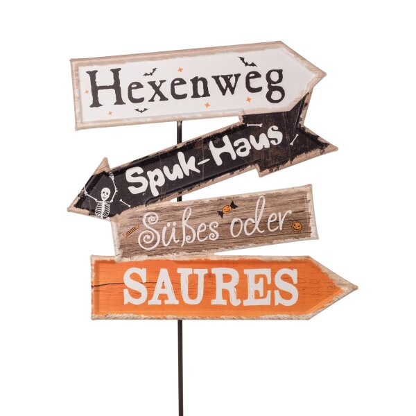 Gartenstecker Halloween Wegweiser Schild H:42 cm aus Metall - Hexenweg, Spukhaus, Süßes oder Saures - Deko Garten, Blumenstecker Wegzeiger