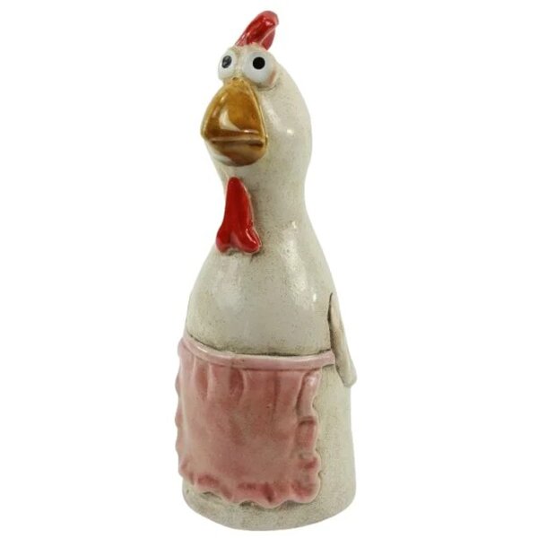 Zaunhocker Huhn mit Schürze H:21 cm aus Keramik - Zaun Deko Garten Henne, Tierfigur Pfostenhocker, Zaunfigur, Gartendeko, Zaunstecker