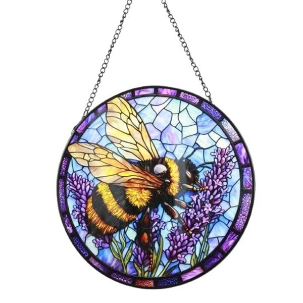 Fensterdeko Buntglas Sonnenfänger Biene mit Blume D:20 cm - Hängedeko, Buntglas Fensterbild, Fensterschmuck, Fenster Bienen Deko, Aufhänger, Gartendeko