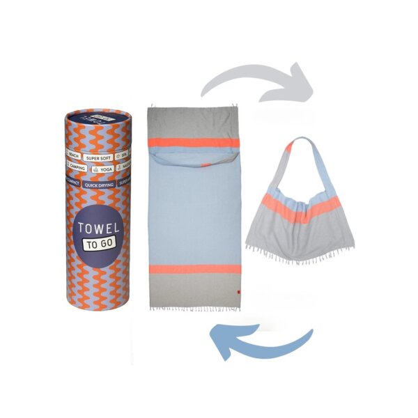 2-in-1 Hammam Strandtuch & Strandtasche NEON blau-grau 180x100 cm - schnell trocknendes Handtuch aus recycelter Baumwolle - Strand Tuch, Tasche, Badetuch, Strandlaken
