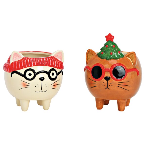 Deko Blumentopf Weihnachtskatze (2er Set) 15x11 cm aus Keramik - Pflanztopf Katze Weihnachten, Übertopf, Pflanzgefäß, moderner Deko Stil