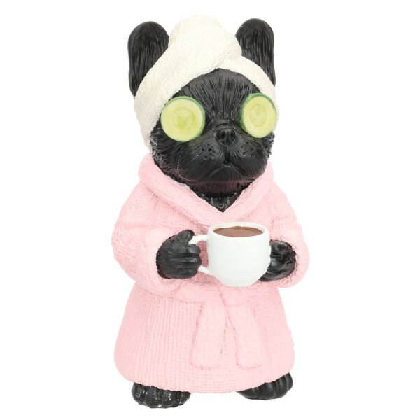 Dekofigur Wellness Hund im Bademantel mit Kaffeetasse H:24 cm - ausgefallene Deko für Badezimmer, Hundesalon, Schönheitssalon, Kosmetikstudio, lustige Dekoration
