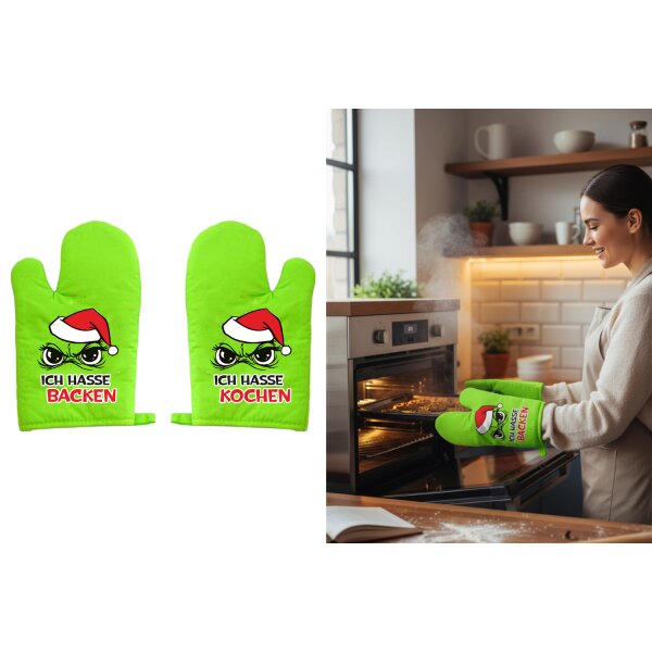 Topfhandschuh Topflappen Festtagsmuffel (2er Set)  - "Ich hasse Backen" & "Ich hasse Kochen" - Ofenhandschuh Weihnachten, Backhandschuh